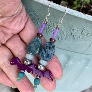 Fox carving & Tree Agate Leaf Artisan Earrings